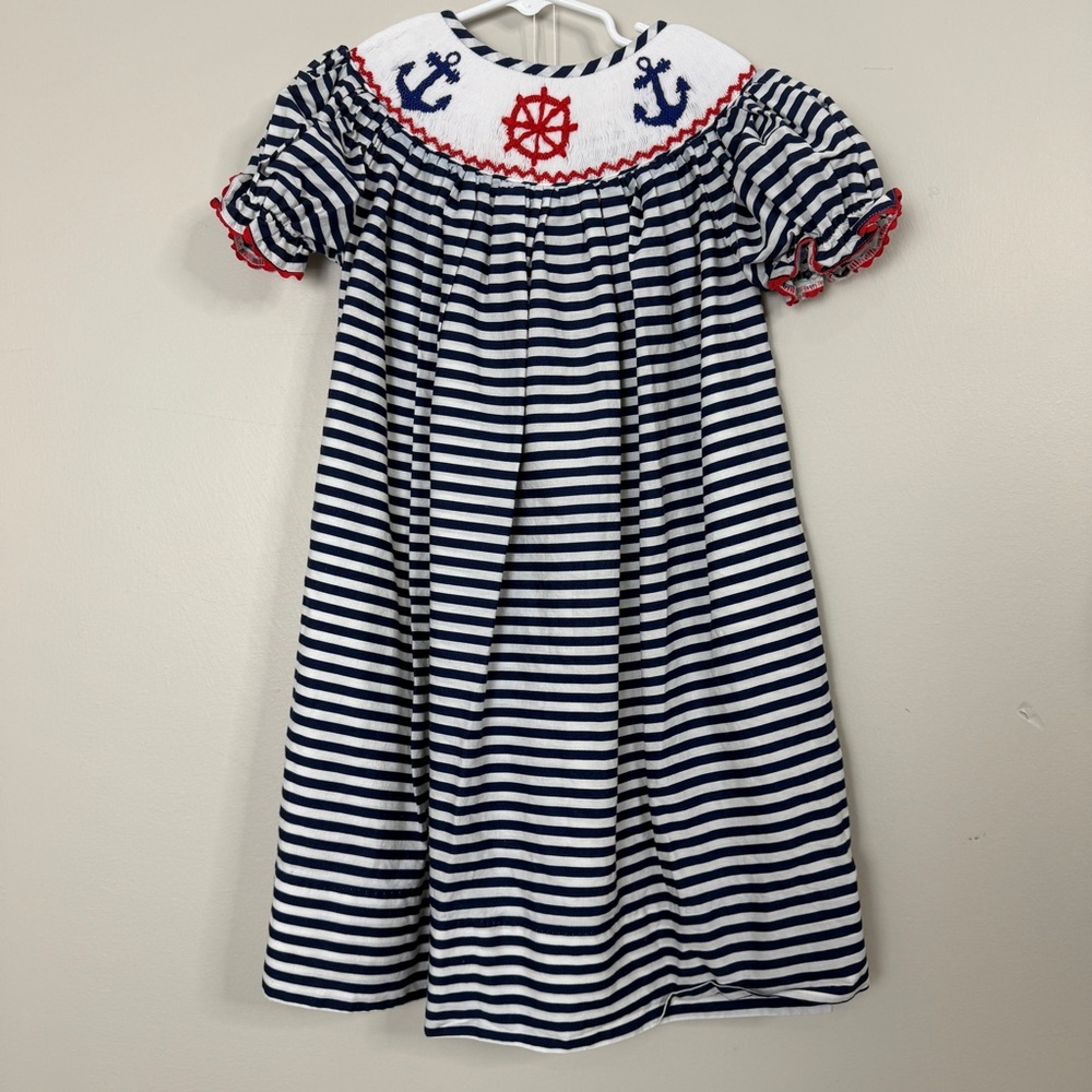 Babeeni nautical sailor navy blue and white stripe smocked with embroidery 3T